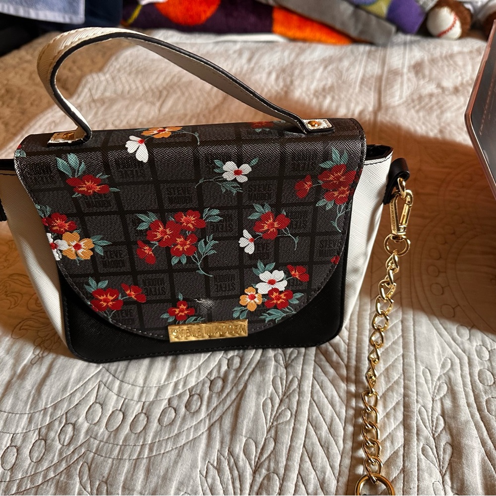 Black Floral Crossbody Bag with Chain Strap